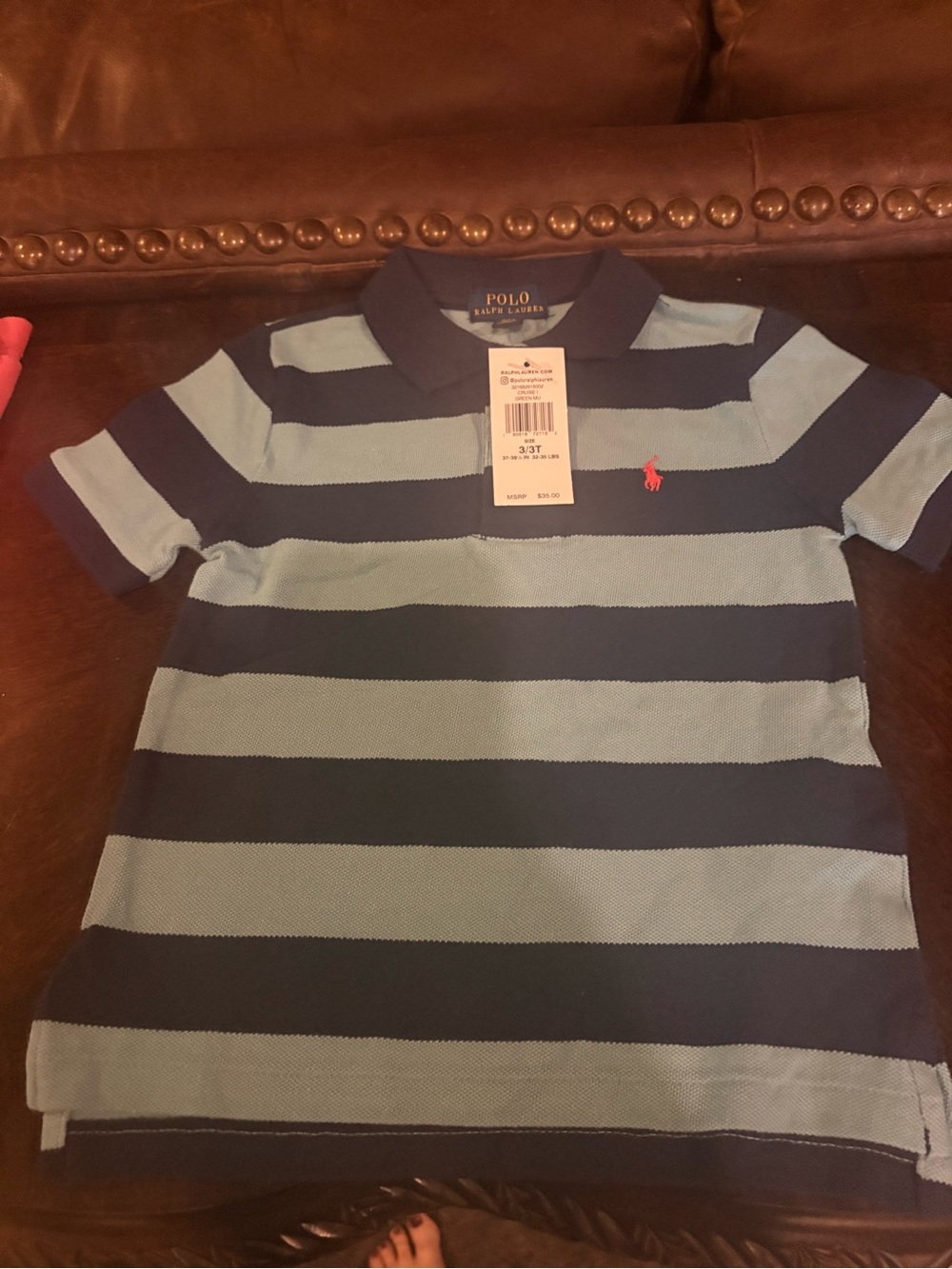Polo by Ralph Lauren Boys Navy & Light Blue Striped Polo with Red Pony